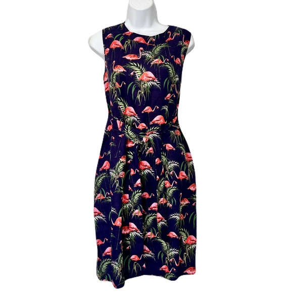 NWT Hobbs Navy ‘Amalfi’ 100% Linen Flamingo Print Sleeveless Dress, Size 8 - Picture 2 of 10